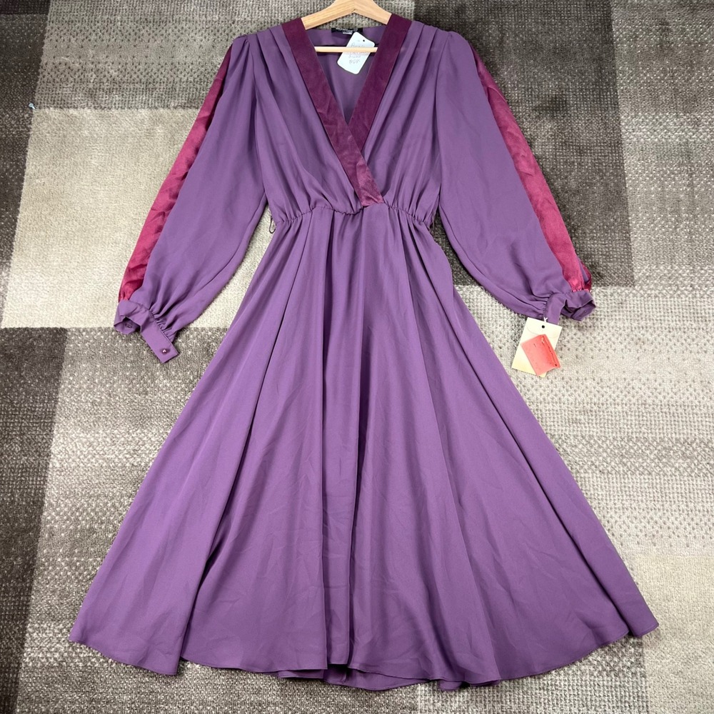 Ursula of Switzerland Vintage 80s Purple Chiffon Midi Dress Satin Trim Size‎ 7/8
